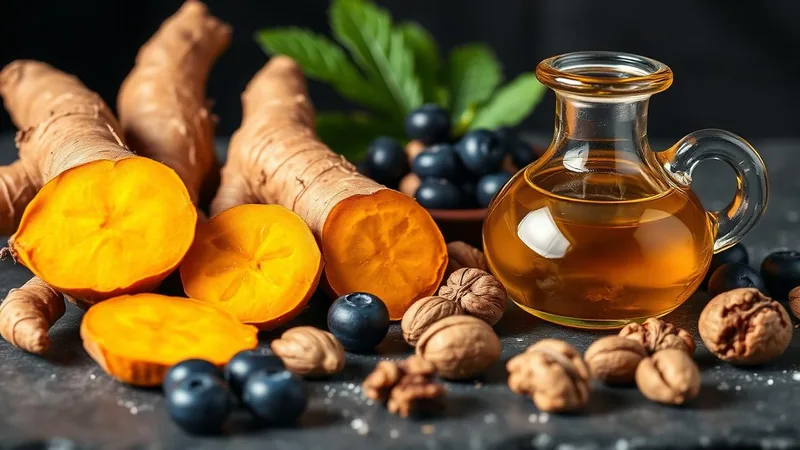 Racine de curcuma fraîche tranchée, myrtilles et carafe d'huile d'olive extra vierge