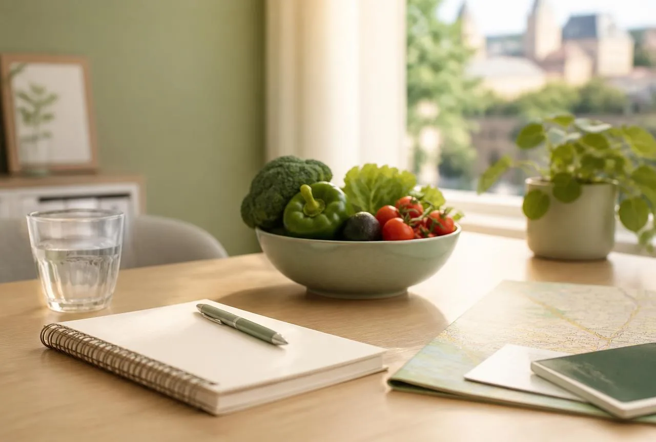 Bureau de consultation diététique au Luxembourg avec carnet, légumes frais et carte de la ville