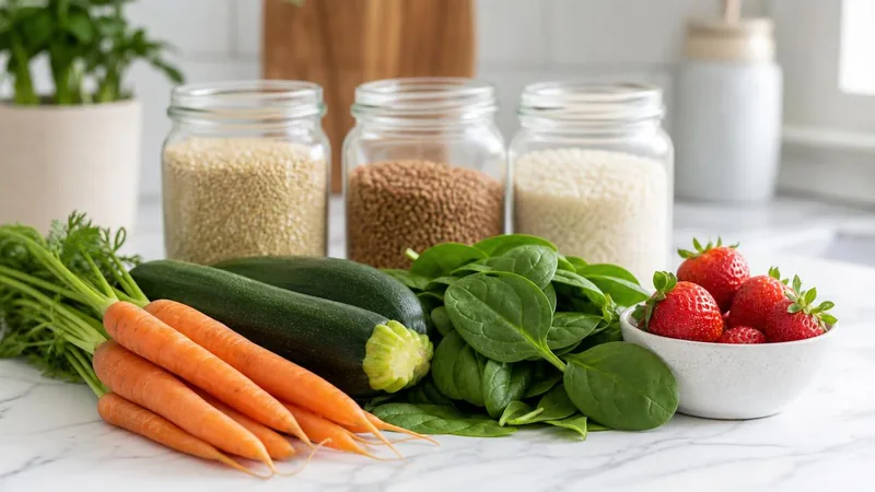 Selecție de alimente sărace în FODMAP: fructe de pădure, quinoa, morcovi și citrice