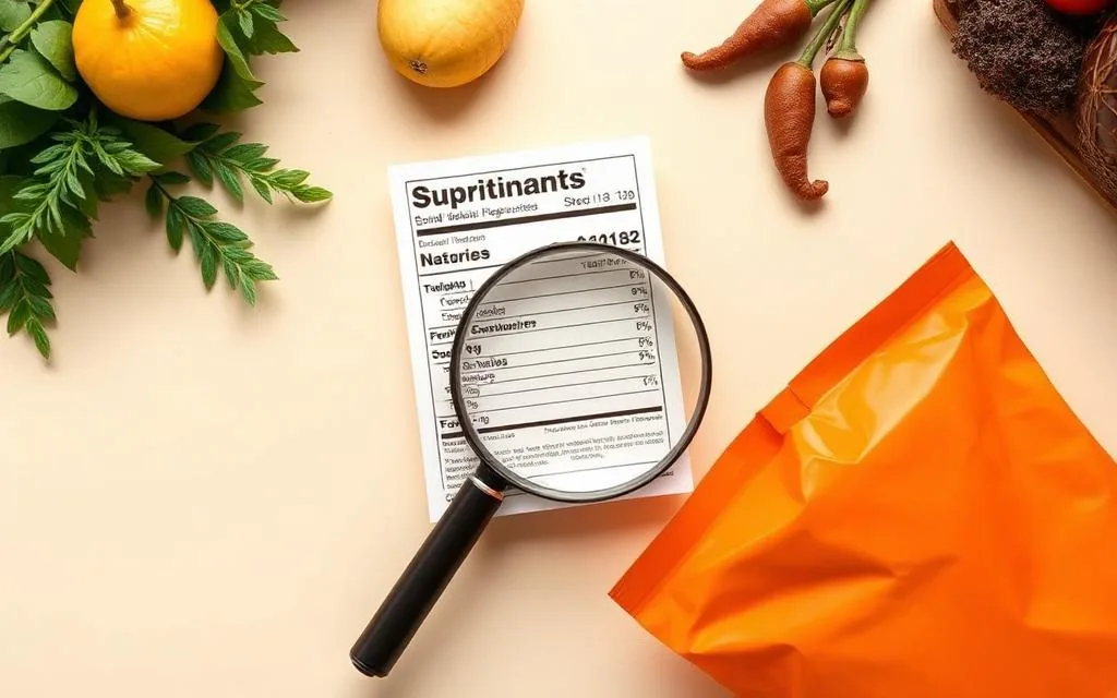Etichetă nutrițională privită cu lupa lângă produse alimentare