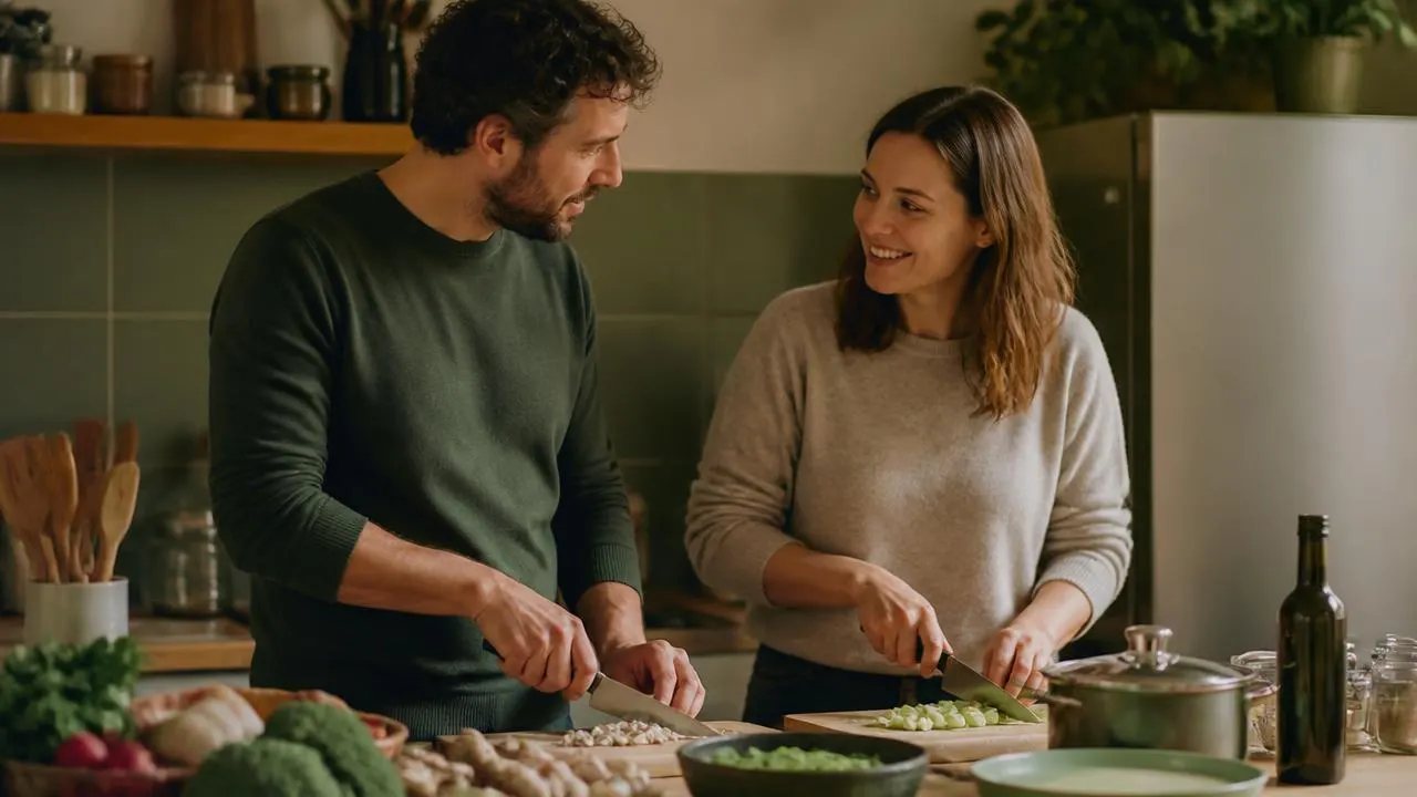 Un couple prépare le repas ensemble dans sa cuisine, en découpant des légumes
