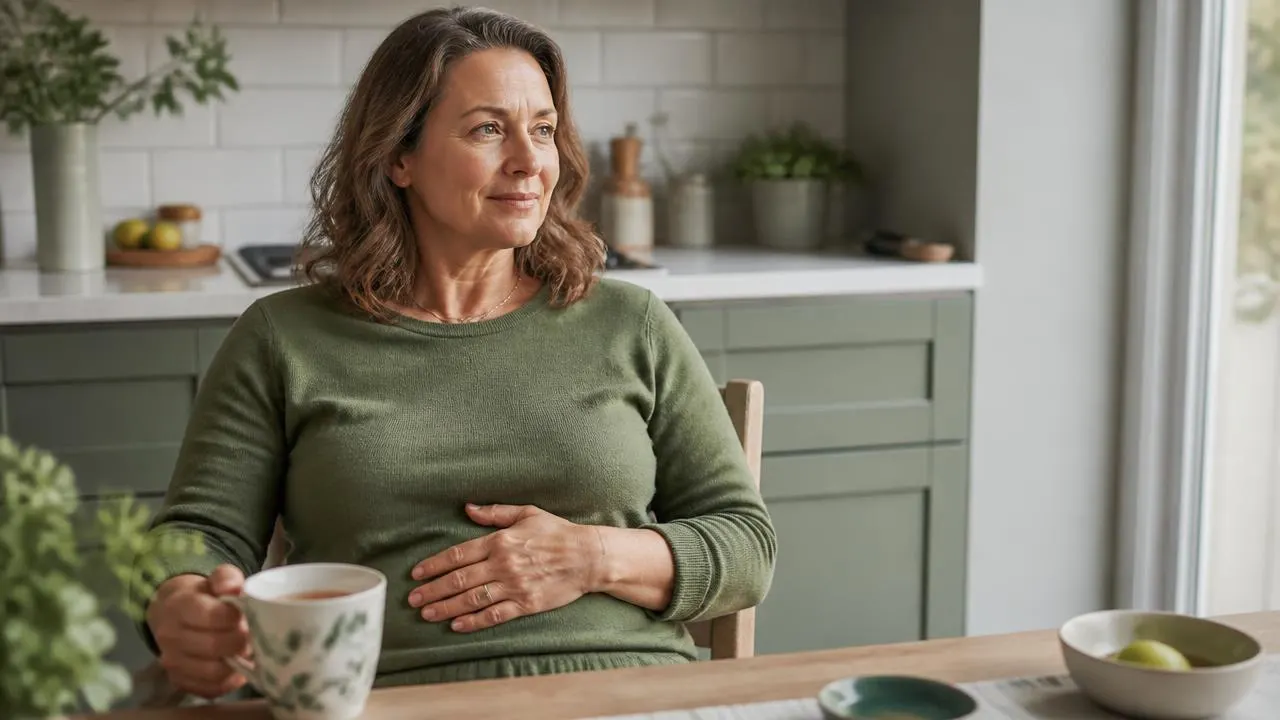 A woman sitting in her kitchen with a herbal tea, one hand resting on her stomach, at ease