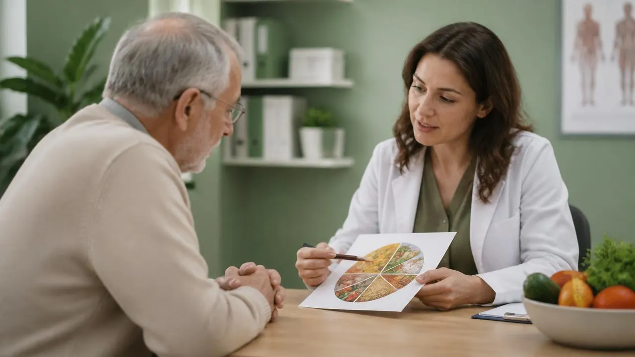 O dieteticiană explică un plan alimentar unui pacient vârstnic în consultație