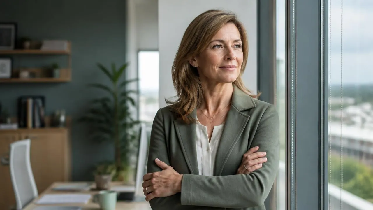 Portrait of a calm woman in her fifties standing by a bright office window
