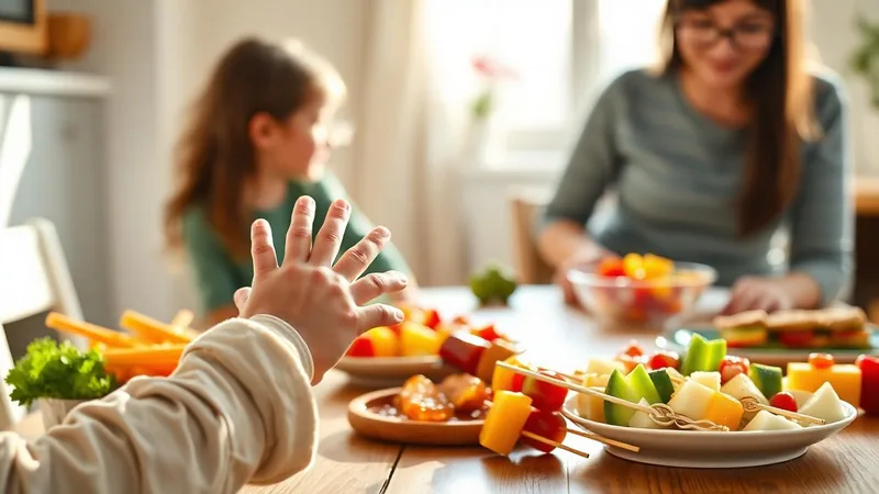 Mains d'enfant attrapant des bâtonnets de légumes colorés et des brochettes de fruits sur une table en bois