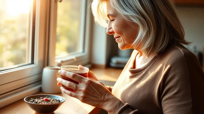 Femme de la cinquantaine savourant une infusion chaude au soleil du matin, près d'un bol de graines de lin et de baies