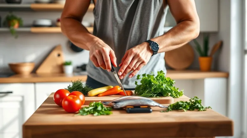 Adulte actif préparant des ingrédients frais sur un îlot de cuisine en bois