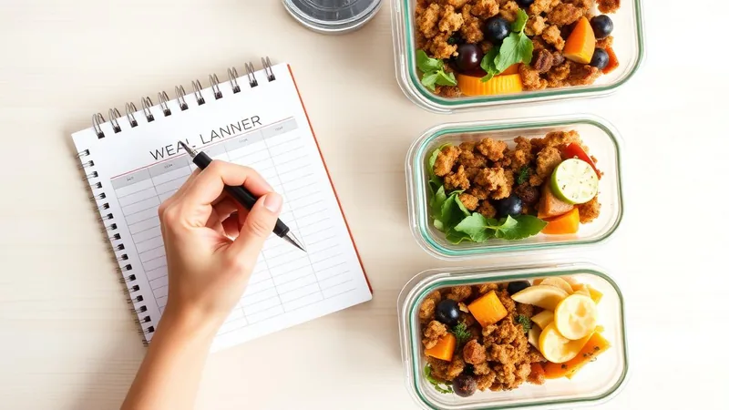 Main écrivant dans un planificateur de repas hebdomadaire à côté de contenants en verre empilés