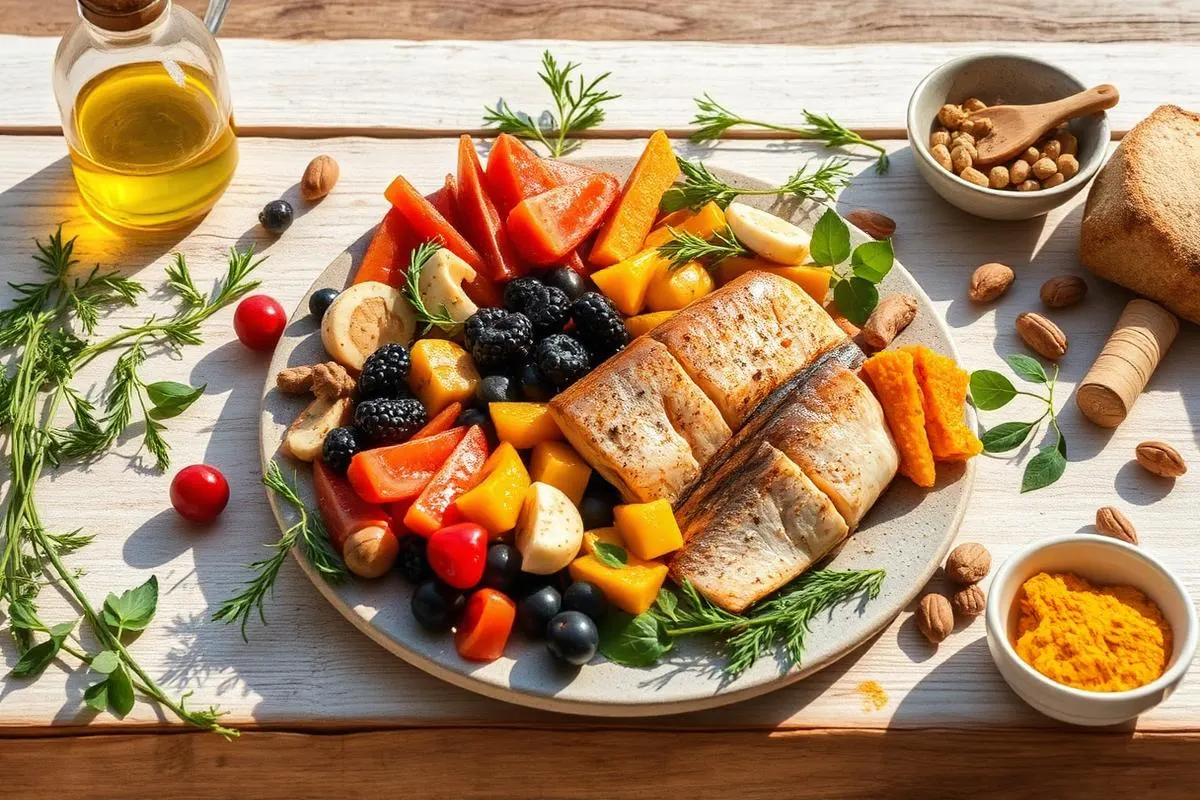 Farfurie mediteraneană: pește gras, legume colorate, ulei de măsline și ierburi