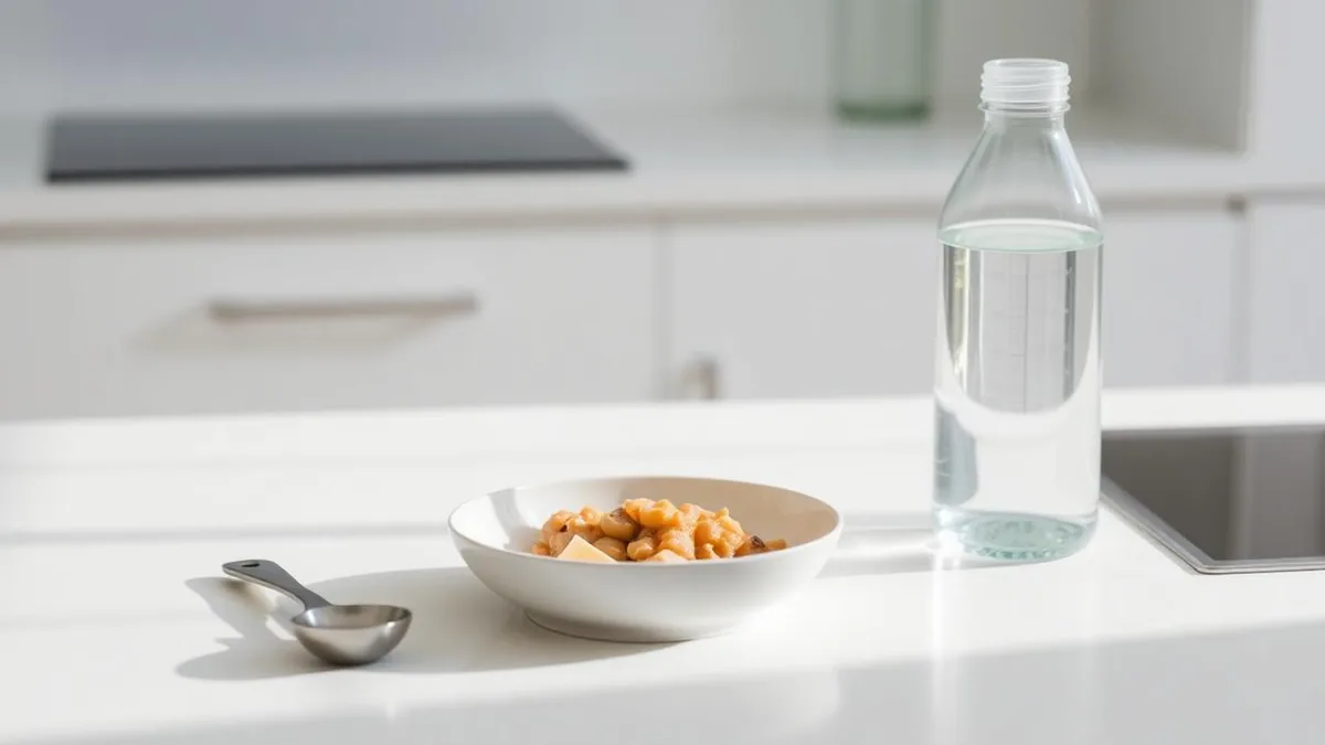 Petite assiette de portion contrôlée, cuillère doseuse et bouteille d'eau sur un plan de travail clair