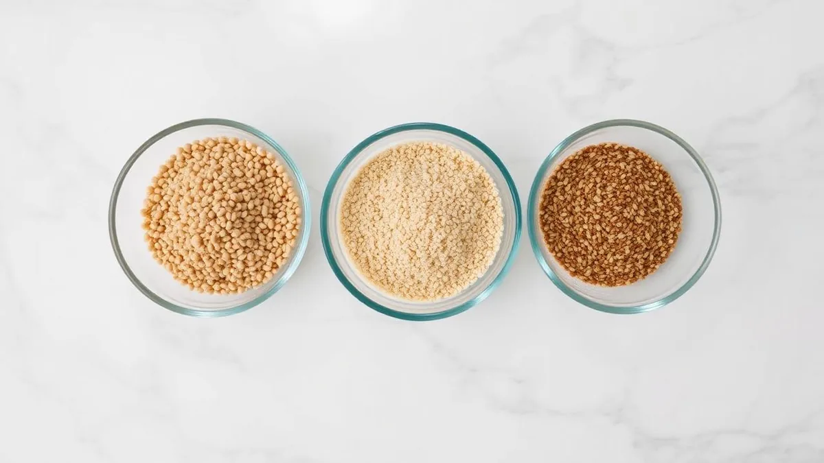Three separate glass bowls of raw buckwheat, quinoa and amaranth, naturally gluten-free