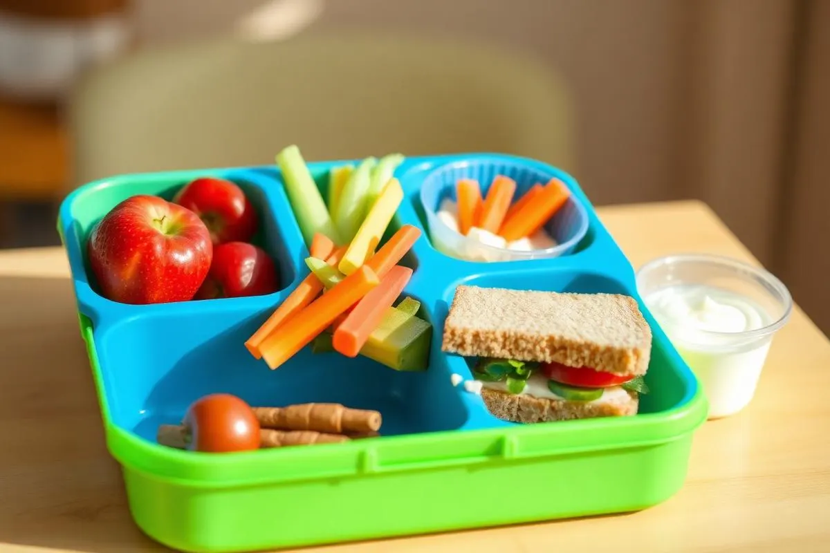 Cutie de prânz echilibrată pentru copil: fructe, crudități, sandviș integral și iaurt