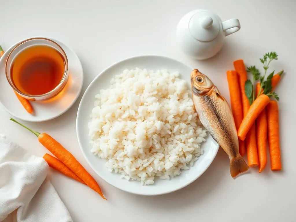 Easy-to-digest meal: white rice, poached fish, cooked carrots and herbal tea