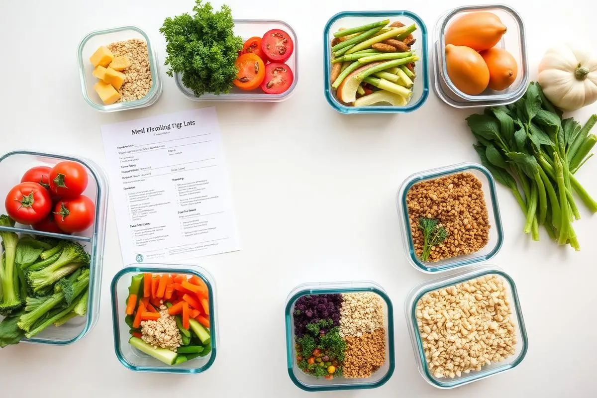 Recipiente de meal prep cu porții echilibrate și o listă de cumpărături