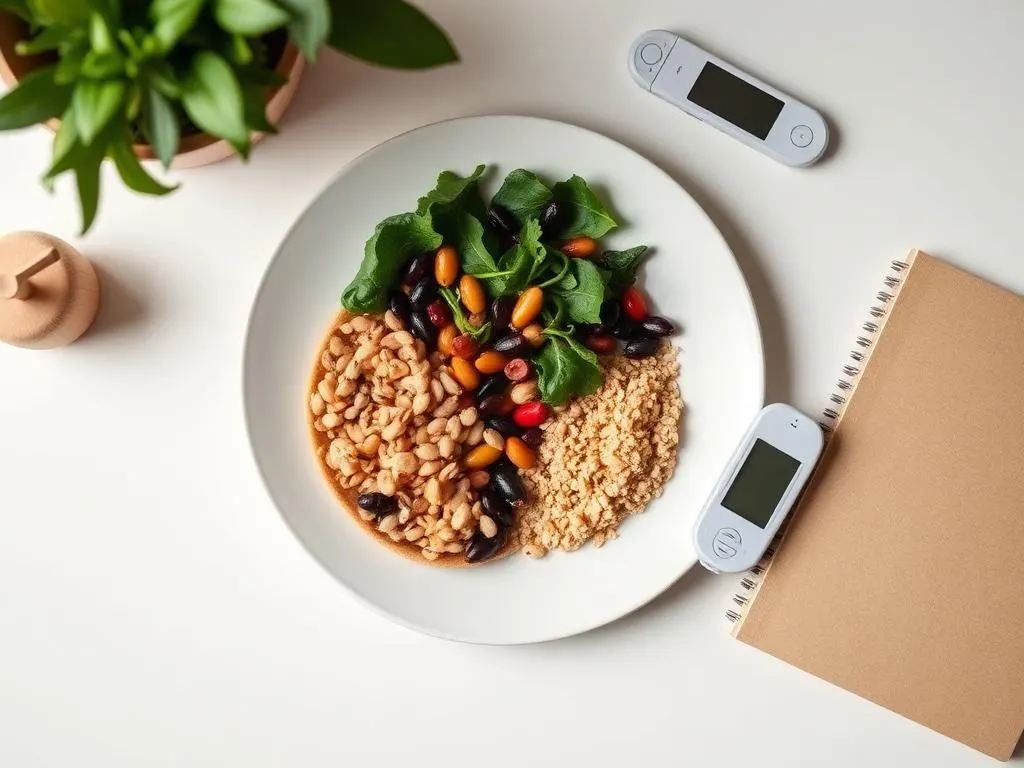 Balanced high-fibre, protein-rich plate next to a blood glucose meter
