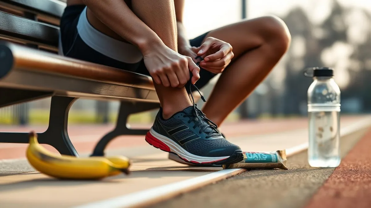 Adult tying walking shoes on a bench with a banana, oat bar and water bottle