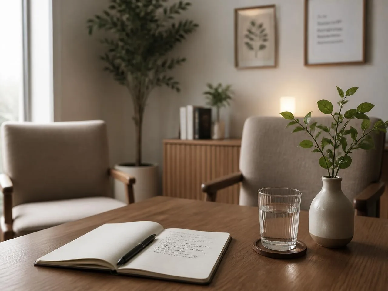 Cabinet de consultation apaisant : table en bois, carnet ouvert, verre d’eau et deux fauteuils face à face