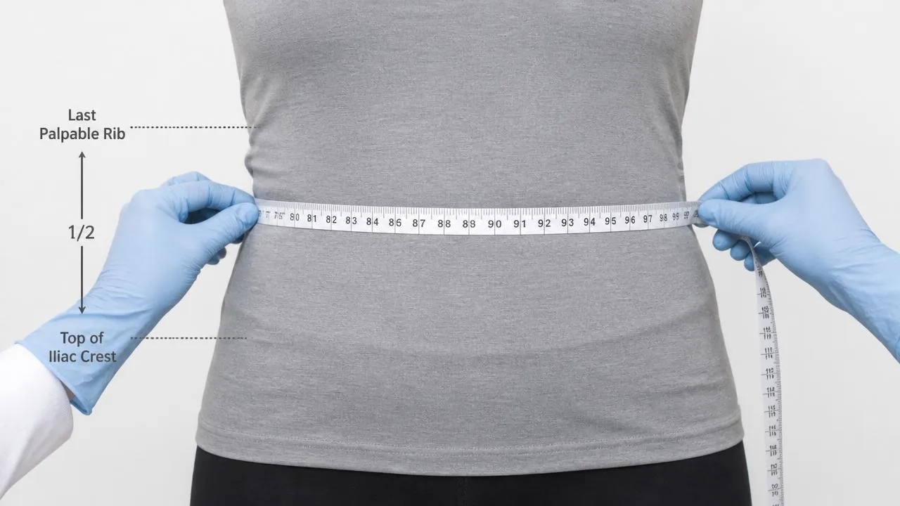 Photographie médicale instructive montrant un mètre ruban placé horizontalement autour de la taille d'un adulte vêtu d'un t-shirt neutre, à mi-distance entre la dernière côte palpable et le sommet de l'os iliaque.